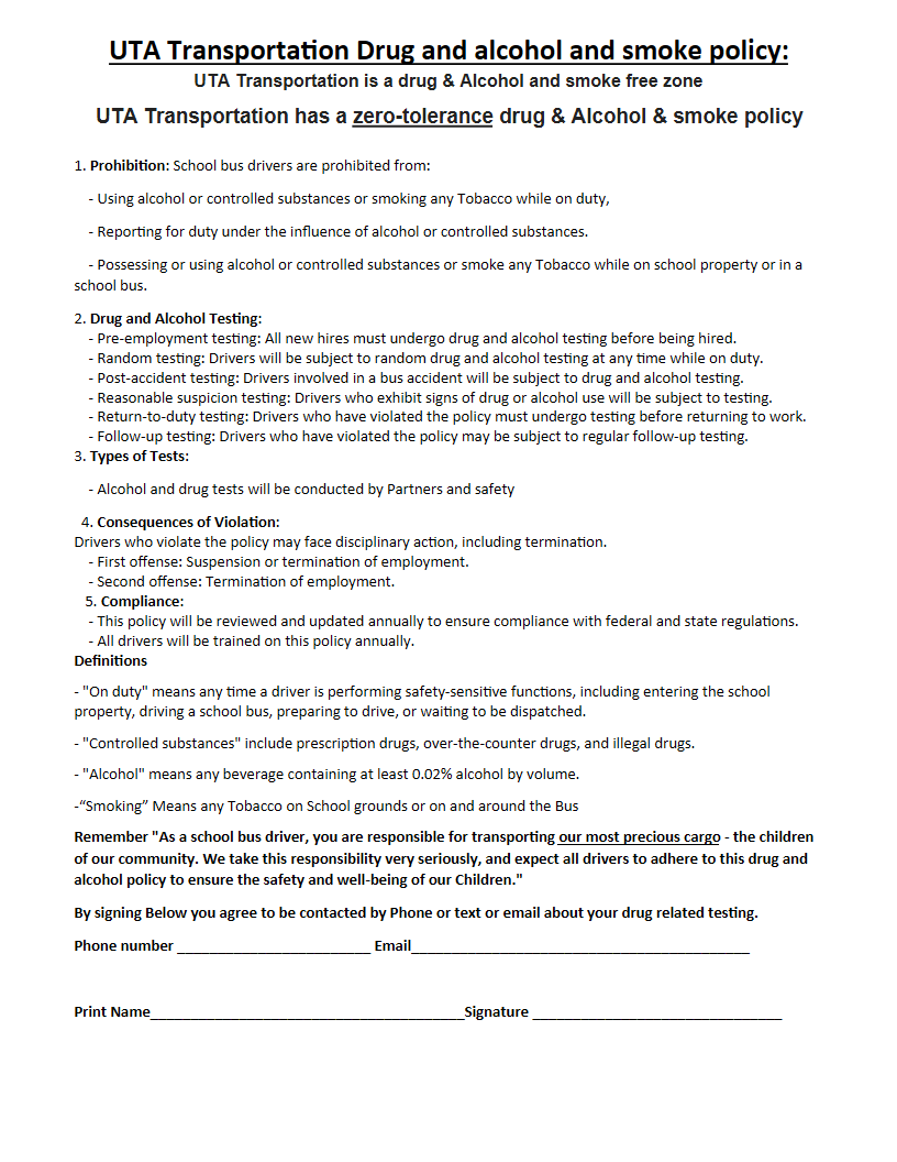 The one-page UTA Transportation drug, alcohol and smoke policy. Above the phone number, email, print name and signature lines it reads: By signing Below you agree to be contacted by Phone or text or email about your drug related testing.